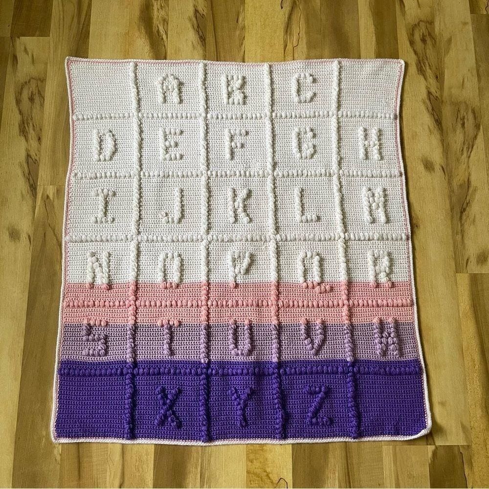 Vintage Baby Blanket Girl Crochet Purple Pink Nursery Cottage Sweet ABC's Throw